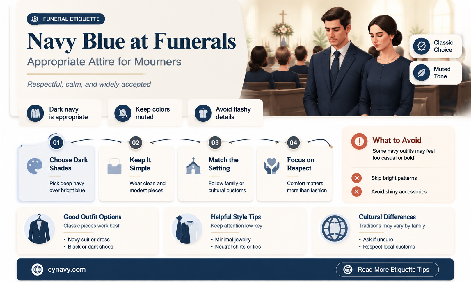 can you wear navy blue to a funeral