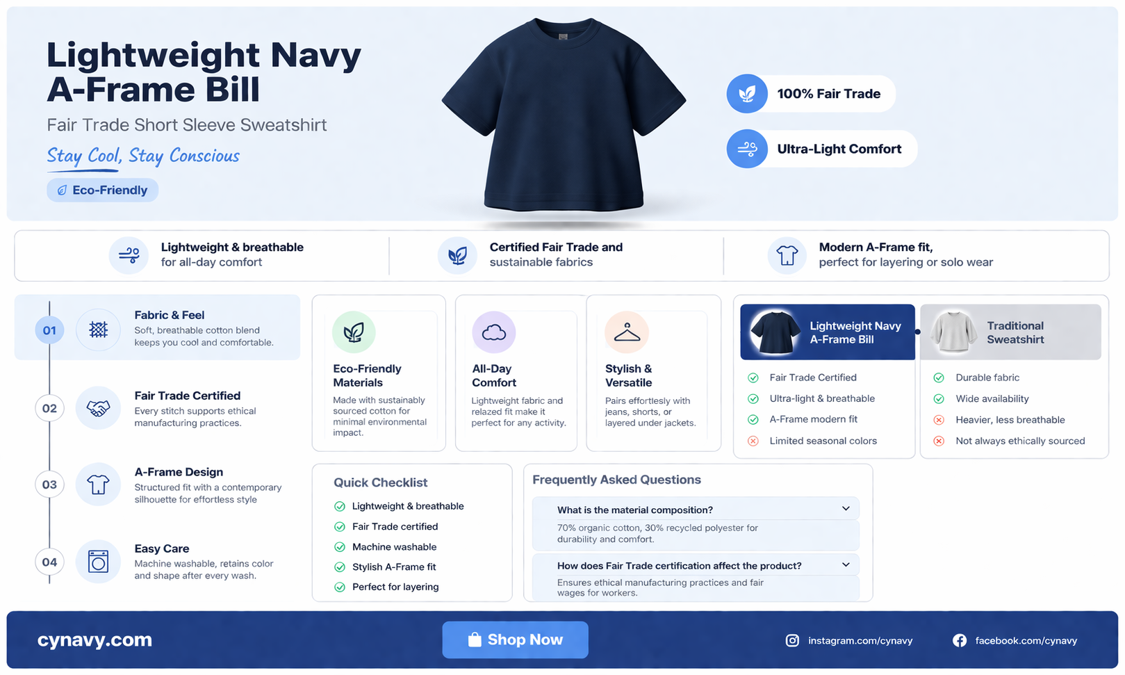 a-frame bill lightweight fair trade short sleeve sweatshirt navy