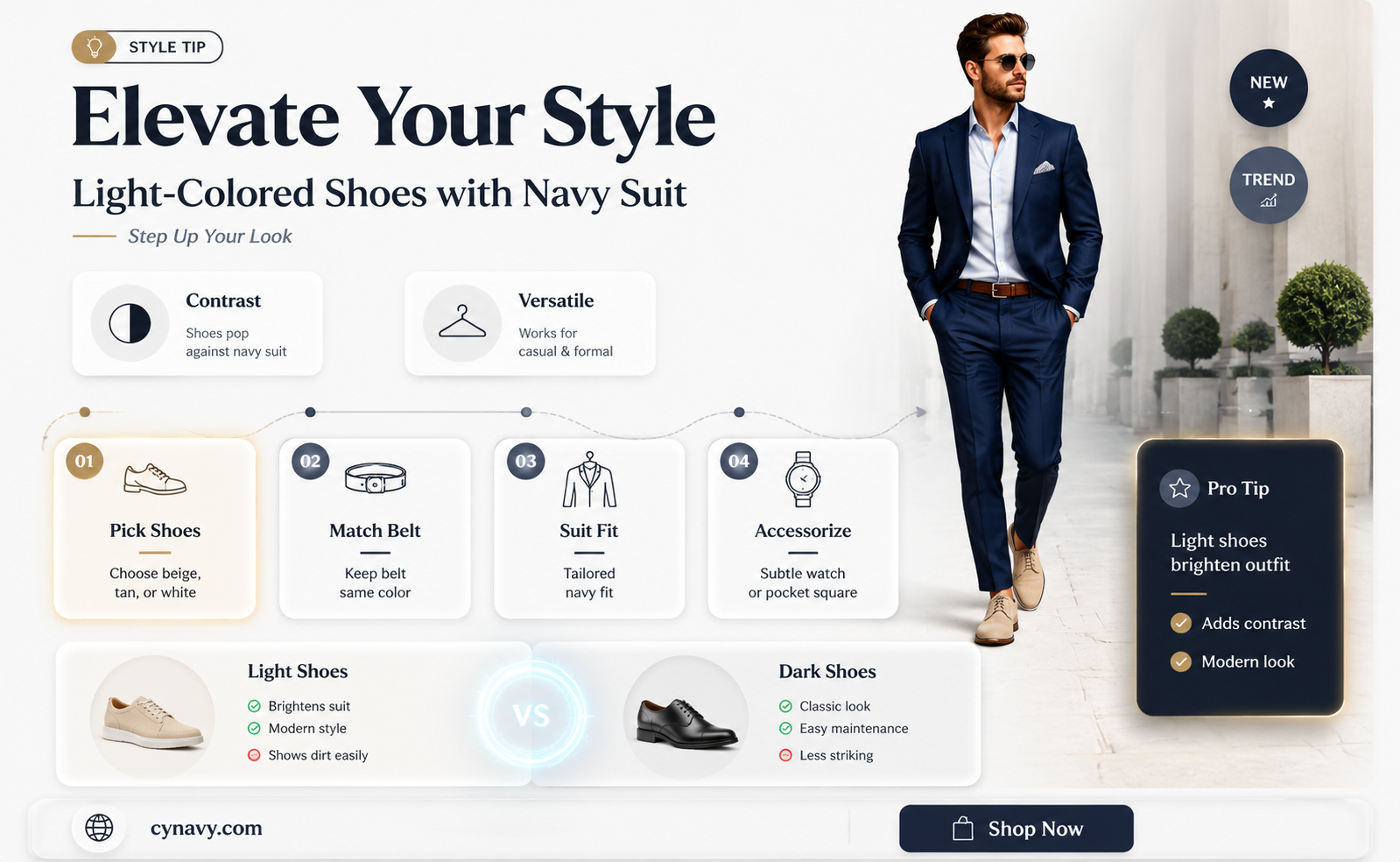 can men wear light colored shoes with navy suit