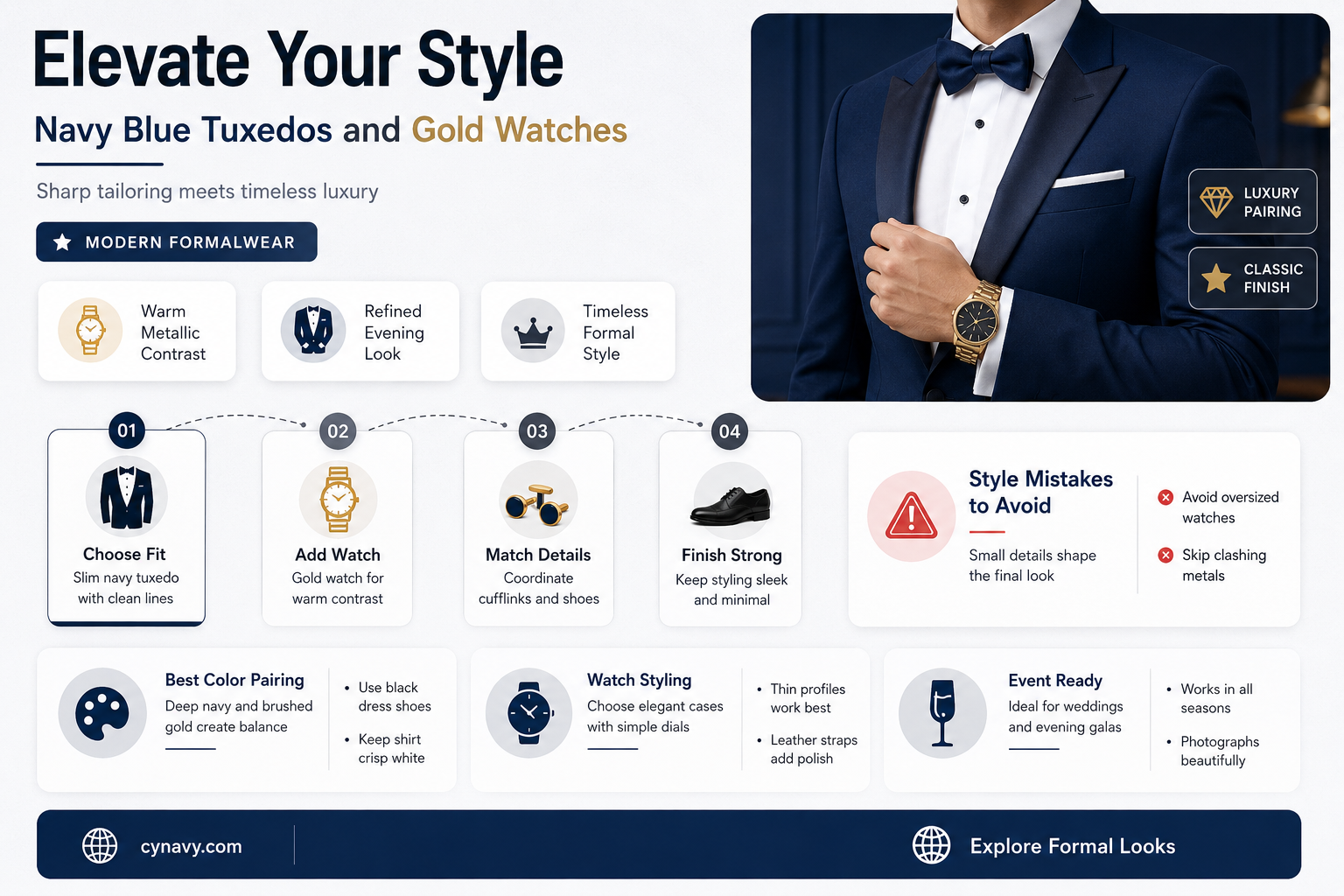 can you give a navy blue tux gold watch