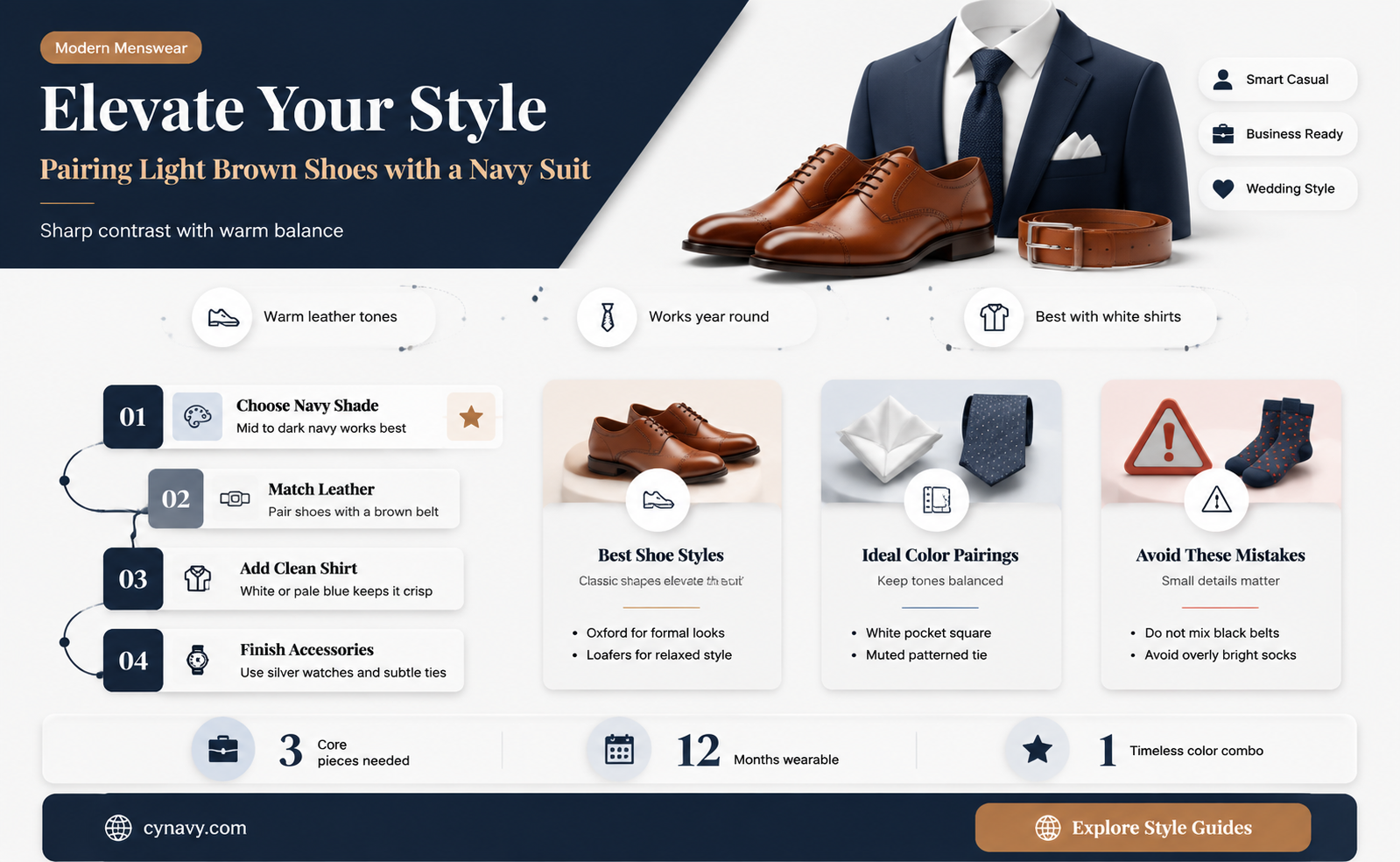 can you wear light brown shoes with a navy suit