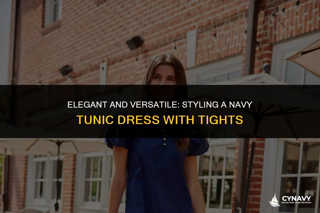 how to wear a solid navy tunic dress with tights