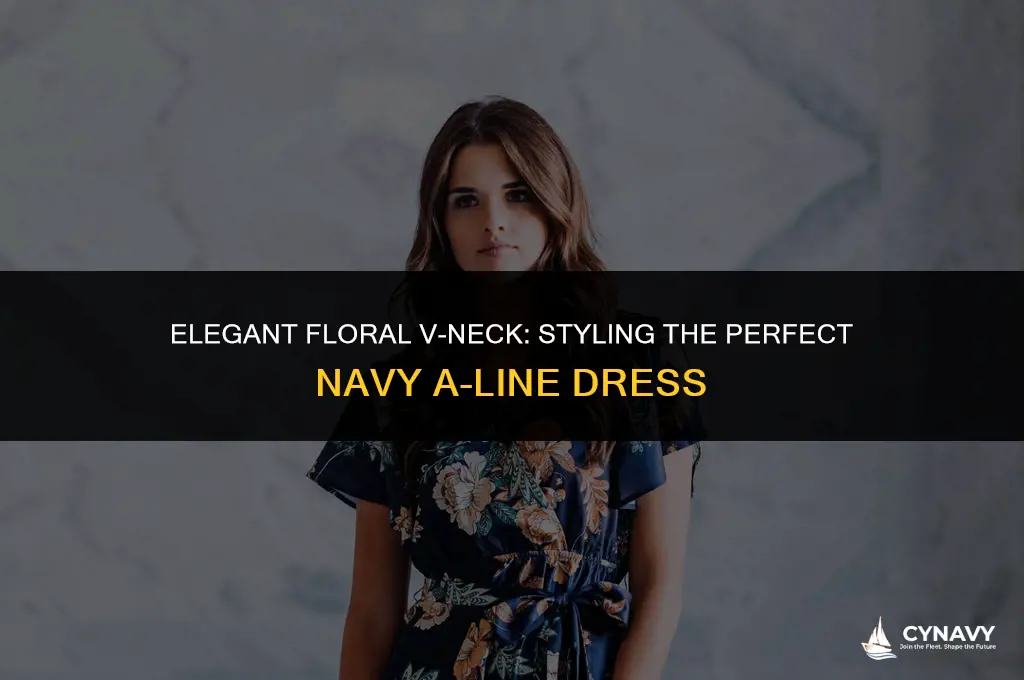 how to wear navy floral v neck a line dress